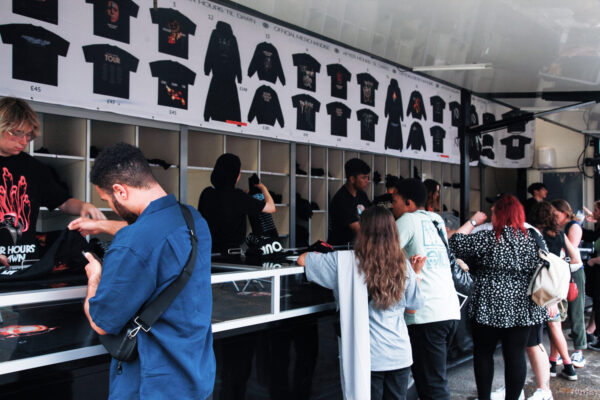 Crowds buying merchandise at The Weeknd pop-up shop.