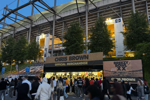 Shot of small Chris Brown Merchandise stand outside Hamburg stadium.
